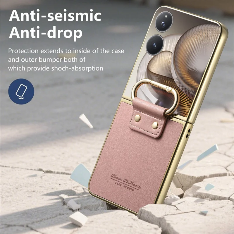 Til Xiaomi Mix Flip 2 Case Elektrolysfærdig Læderbelagt PC-telefonbeskyttelse med fjederring, støttefod - Pink