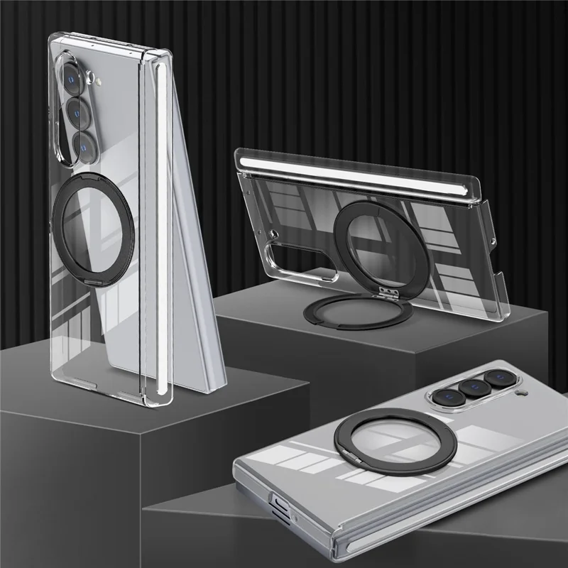 For Samsung Galaxy Z Fold5 5G Kickstand Crystal Magnetic Case TPU PC Phone Cover Magnetic Hinge Protection - Black