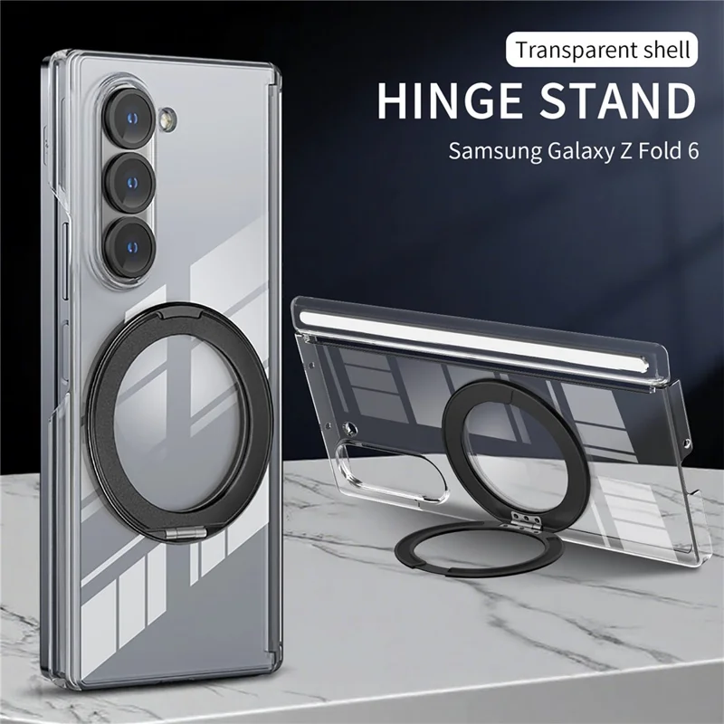 For Samsung Galaxy Z Fold6 5G Kickstand Crystal Magnetic Case TPU PC Phone Cover Magnetic Hinge Protection - Black
