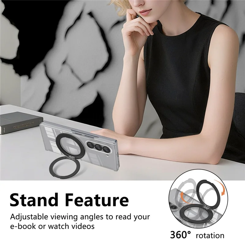 For Samsung Galaxy Z Fold6 5G Kickstand Crystal Magnetic Case TPU PC Phone Cover Magnetic Hinge Protection - Black