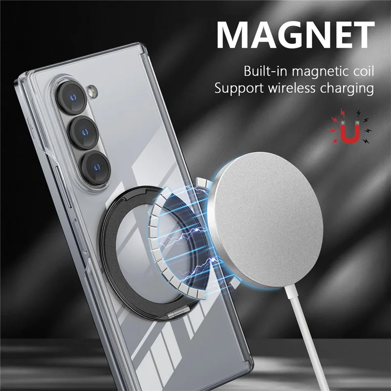 For Samsung Galaxy Z Fold6 5G Kickstand Crystal Magnetic Case TPU PC Phone Cover Magnetic Hinge Protection - Black