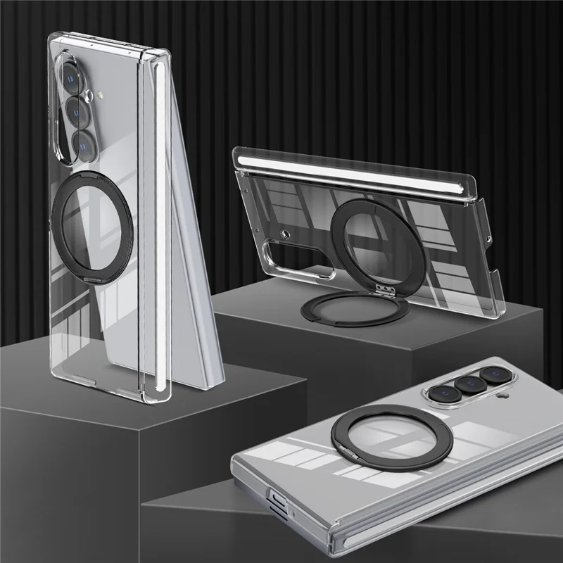 For Samsung Galaxy Z Fold7 5G Kickstand Crystal Magnetic Case TPU PC Phone Cover Magnetic Hinge Protection - Black