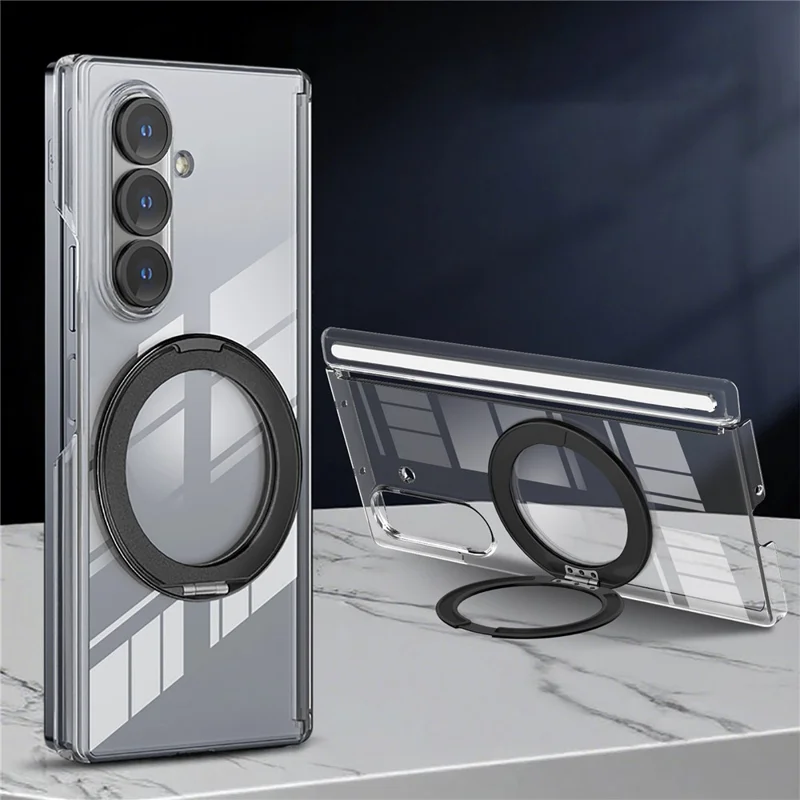 For Samsung Galaxy Z Fold7 5G Kickstand Crystal Magnetic Case TPU PC Phone Cover Magnetic Hinge Protection - Black