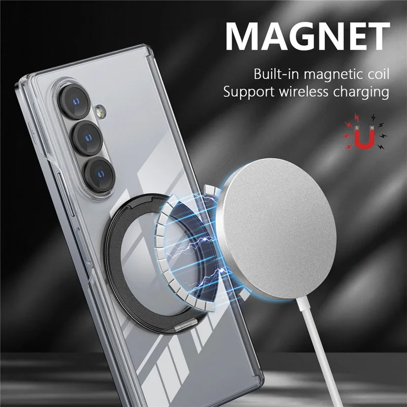 For Samsung Galaxy Z Fold7 5G Kickstand Crystal Magnetic Case TPU PC Phone Cover Magnetic Hinge Protection - Black