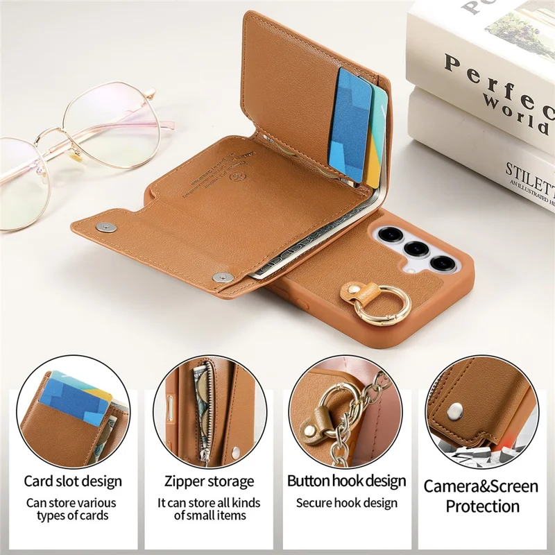 For Samsung Galaxy A16 5G  /  A16 4G Case D-Ring Holder Leather + PC + TPU Phone Cover with Wallet Kickstand - Brown