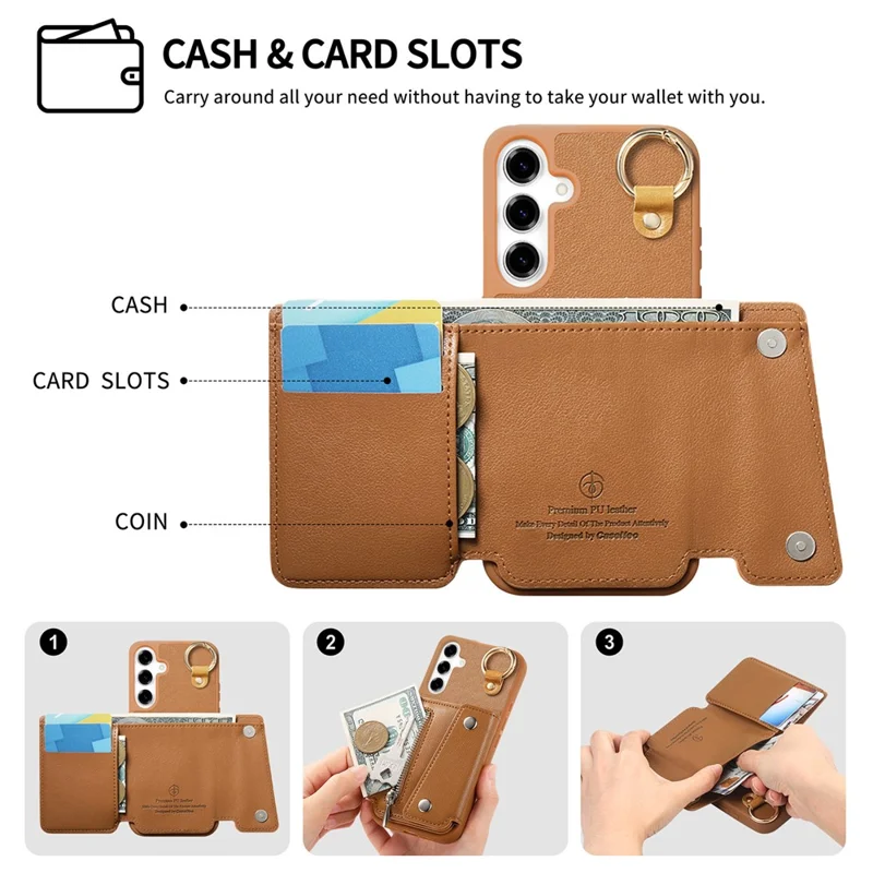For Samsung Galaxy A16 5G  /  A16 4G Case D-Ring Holder Leather + PC + TPU Phone Cover with Wallet Kickstand - Brown
