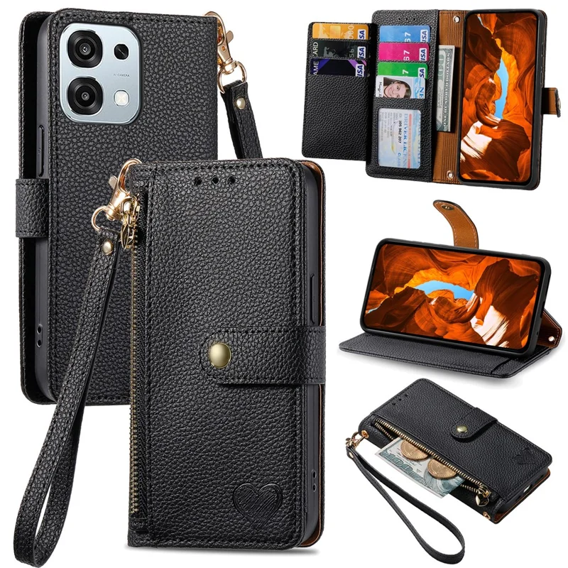 Voor Oppo A6 Pro 5G / F31 5G Hoesje RFID-blokkering Ritsvak Lederen Portemonnee Telefoonhoesje met Bandje - Zwart