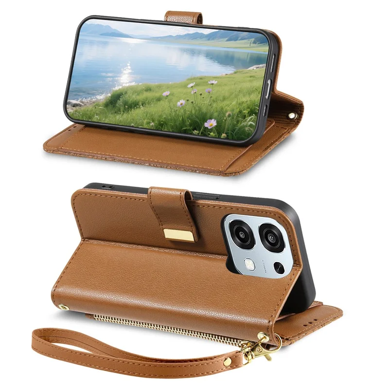 Для Oppo A6 Pro 5G / F31 5G Чехол с цветочным листовым узором, несколько слотов для карт, молния, кожаный чехол для телефона с ремешком на запястье - коричневый