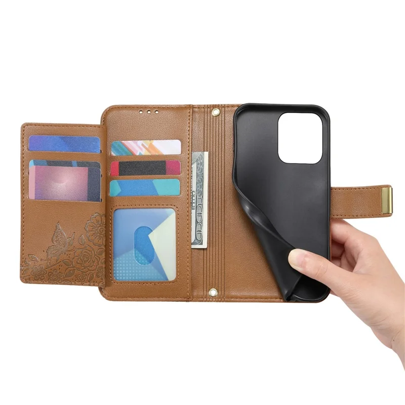 Для Oppo A6 Pro 5G / F31 5G Чехол с цветочным листовым узором, несколько слотов для карт, молния, кожаный чехол для телефона с ремешком на запястье - коричневый