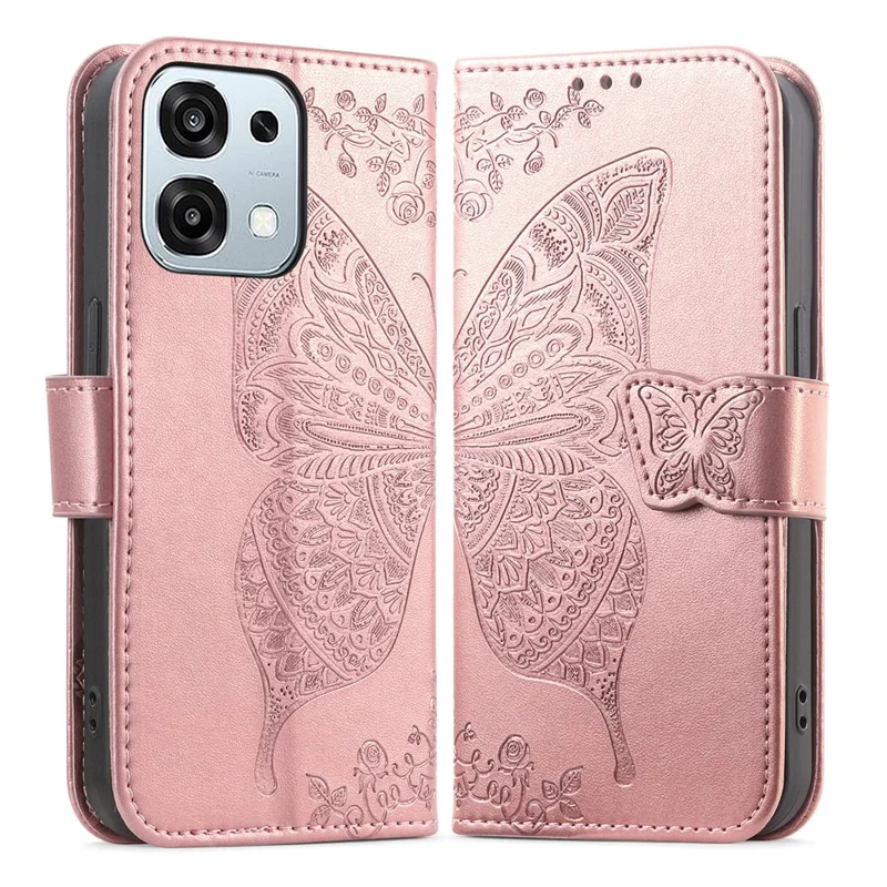 Étui pour Oppo A6 Pro 5G / F31 5G avec sangle, motif papillon, en cuir PU, housse de téléphone portefeuille - Or rose