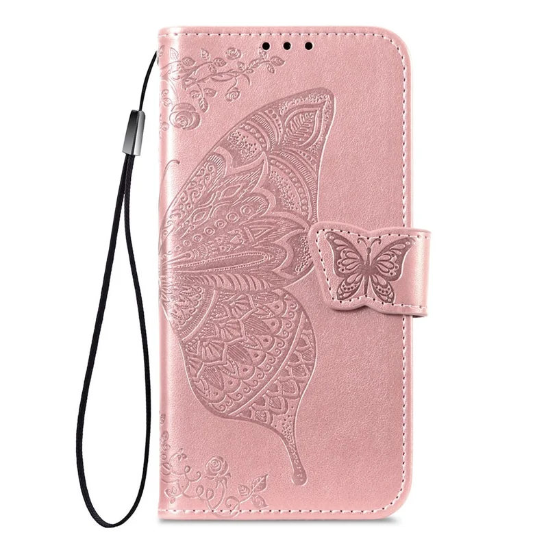 Étui pour Oppo A6 Pro 5G / F31 5G avec sangle, motif papillon, en cuir PU, housse de téléphone portefeuille - Or rose