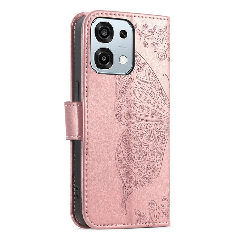 Étui pour Oppo A6 Pro 5G / F31 5G avec sangle, motif papillon, en cuir PU, housse de téléphone portefeuille - Or rose