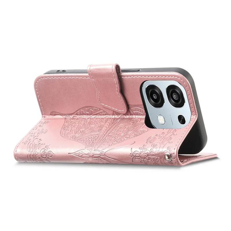 Étui pour Oppo A6 Pro 5G / F31 5G avec sangle, motif papillon, en cuir PU, housse de téléphone portefeuille - Or rose