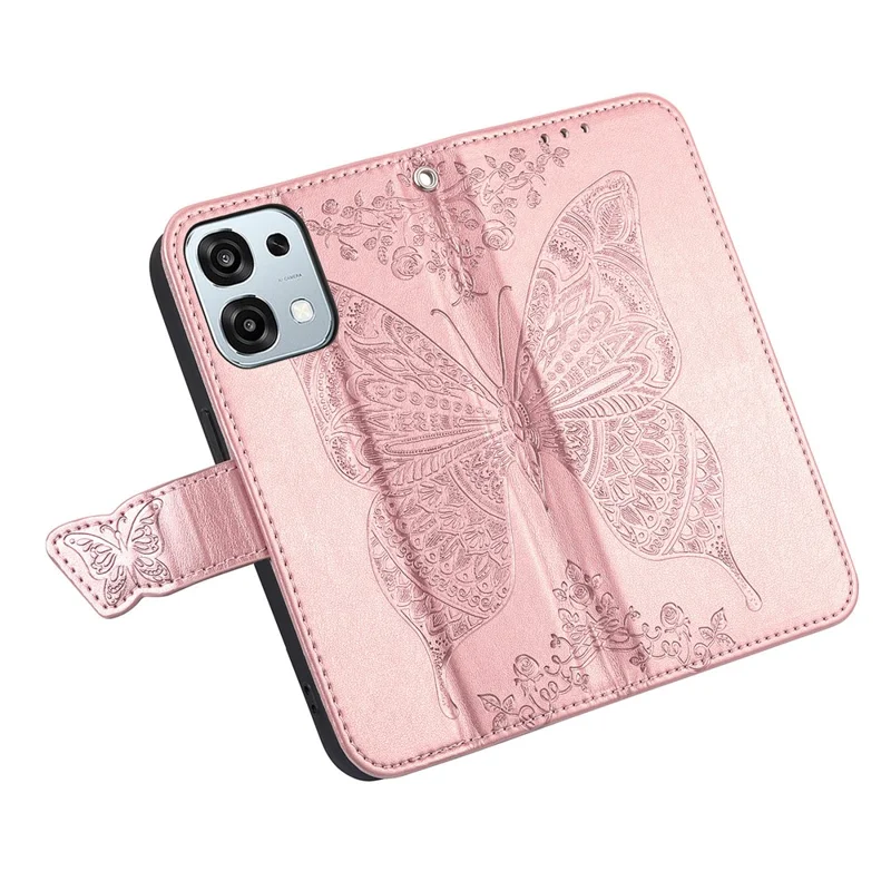 Étui pour Oppo A6 Pro 5G / F31 5G avec sangle, motif papillon, en cuir PU, housse de téléphone portefeuille - Or rose