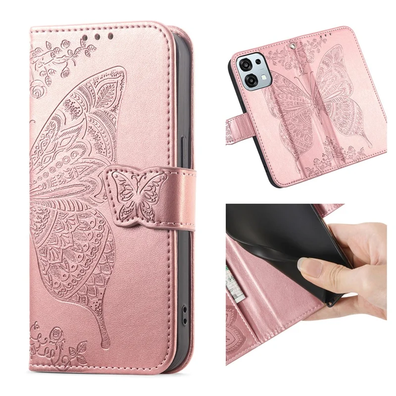 Étui pour Oppo A6 Pro 5G / F31 5G avec sangle, motif papillon, en cuir PU, housse de téléphone portefeuille - Or rose