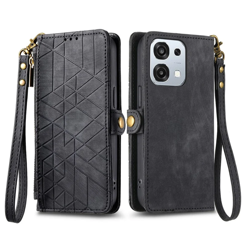 Für Oppo A6 Pro 5G / F31 5G Hülle Reißverschluss Geldbörse Geometrische Linien Leder Handyhülle mit Riemen - Schwarz