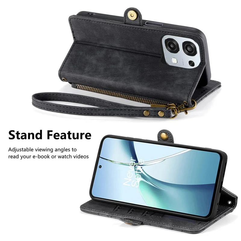 Für Oppo A6 Pro 5G / F31 5G Hülle Reißverschluss Geldbörse Geometrische Linien Leder Handyhülle mit Riemen - Schwarz