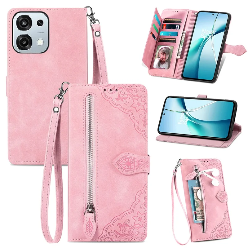 Étui portefeuille à fermeture éclair pour Oppo A6 Pro 5G / F31 5G avec sangle, motif floral, en cuir PU - Rose
