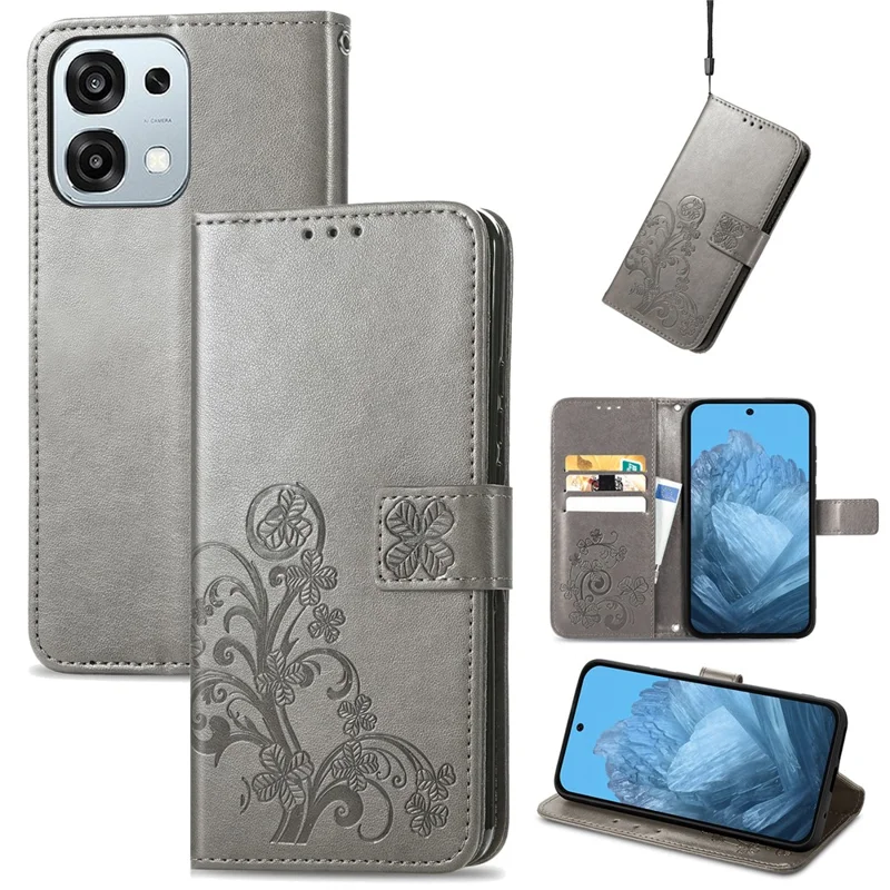 Étui en cuir à quatre feuilles de trèfle pour Oppo A6 Pro 5G / F31 5G - Gris