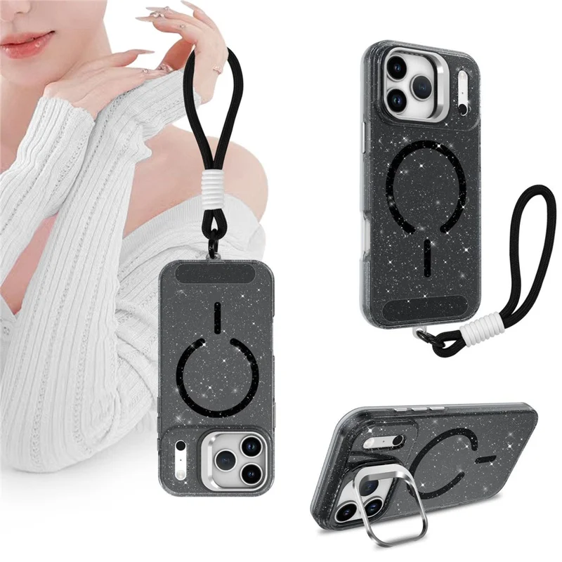 Compra em Massa para Capa de iPhone 17 Pro Compatível com MagSafe TPU + Capa de Telefone de PC Glitter com Quadro de Lente e Suporte / Alça de Mão - Preto