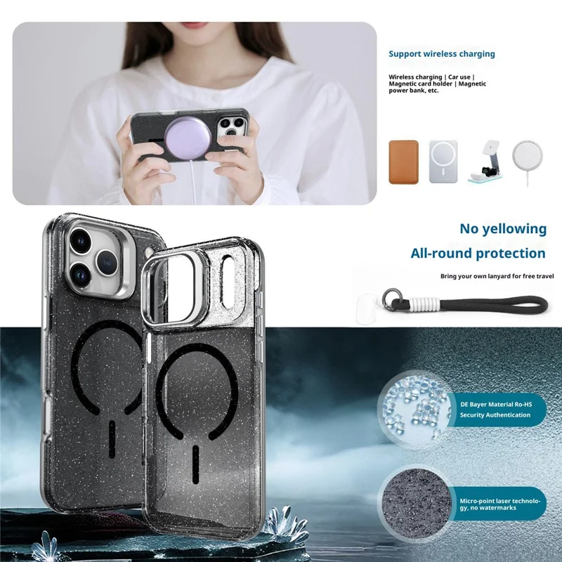 Compra em Massa para Capa de iPhone 17 Pro Compatível com MagSafe TPU + Capa de Telefone de PC Glitter com Quadro de Lente e Suporte / Alça de Mão - Preto