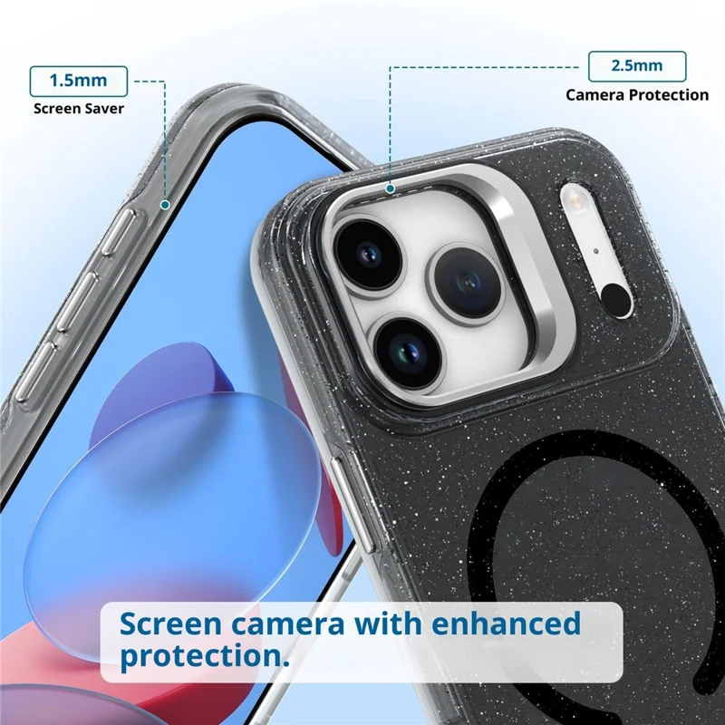 Compra em Massa para Capa de iPhone 17 Pro Compatível com MagSafe TPU + Capa de Telefone de PC Glitter com Quadro de Lente e Suporte / Alça de Mão - Preto