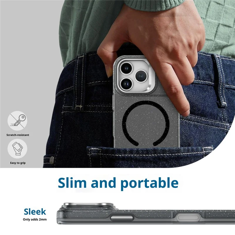 Compra em Massa para Capa de iPhone 17 Pro Compatível com MagSafe TPU + Capa de Telefone de PC Glitter com Quadro de Lente e Suporte / Alça de Mão - Preto