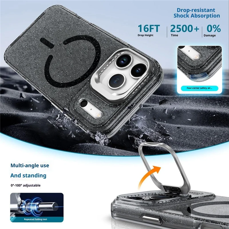 Compra em Massa para Capa de iPhone 17 Pro Compatível com MagSafe TPU + Capa de Telefone de PC Glitter com Quadro de Lente e Suporte / Alça de Mão - Preto