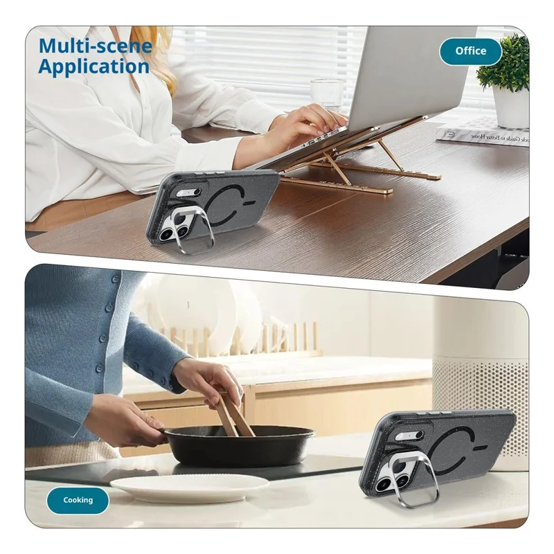 Compra em Massa para Capa de iPhone 17 Pro Compatível com MagSafe TPU + Capa de Telefone de PC Glitter com Quadro de Lente e Suporte / Alça de Mão - Preto