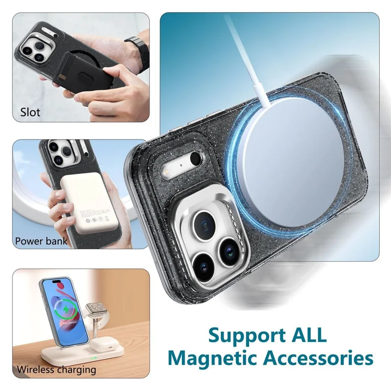 Compra em Massa para Capa de iPhone 17 Pro Compatível com MagSafe TPU + Capa de Telefone de PC Glitter com Quadro de Lente e Suporte / Alça de Mão - Preto