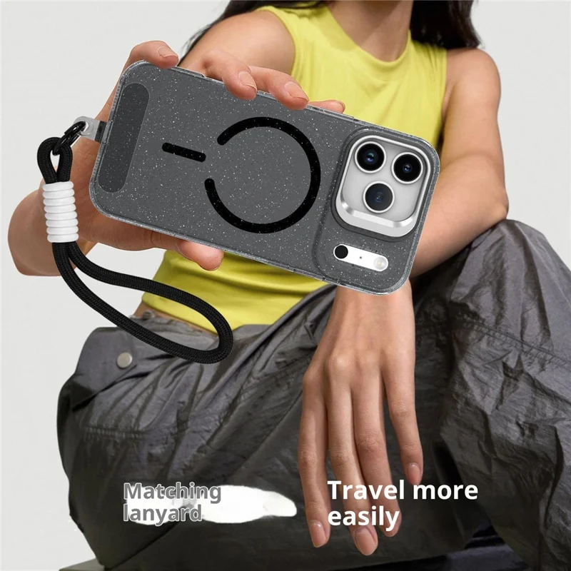 Compra em Massa para Capa de iPhone 17 Pro Compatível com MagSafe TPU + Capa de Telefone de PC Glitter com Quadro de Lente e Suporte / Alça de Mão - Preto