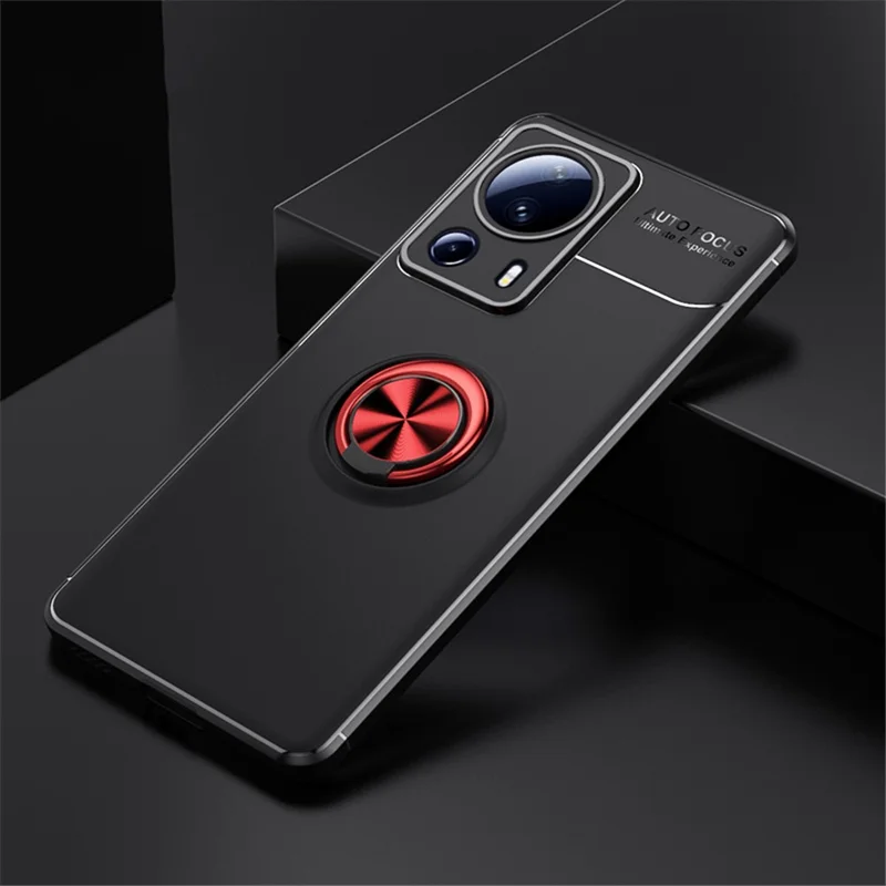 For Xiaomi 13 Lite / Civi 2 5G Soft TPU Case Ring Holder Kickstand Scratch-resistant Phone Cover with Car Mount Metal Sheet - Black  /  Red
