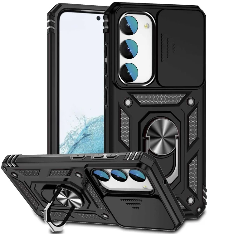 Slide Camera Protector Back Case for Samsung Galaxy S23+, PC + TPU Protective Phone Cover with Metal Ring Kickstand - Black