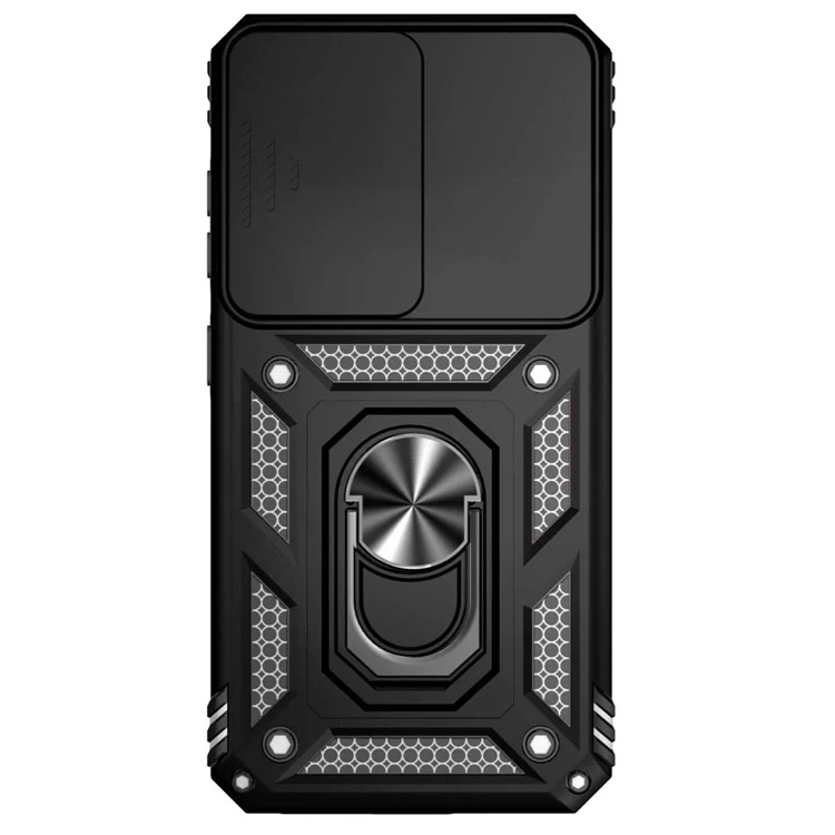 Slide Camera Protector Back Case for Samsung Galaxy S23+, PC + TPU Protective Phone Cover with Metal Ring Kickstand - Black
