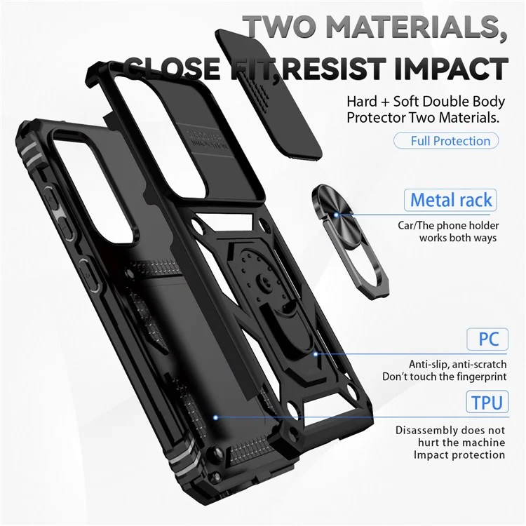 Slide Camera Protector Back Case for Samsung Galaxy S23+, PC + TPU Protective Phone Cover with Metal Ring Kickstand - Black