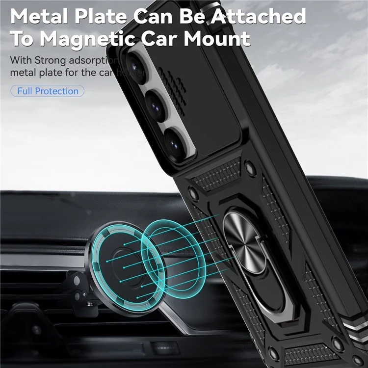 Slide Camera Protector Back Case for Samsung Galaxy S23+, PC + TPU Protective Phone Cover with Metal Ring Kickstand - Black