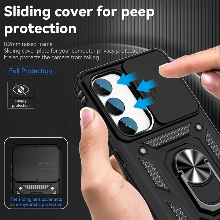 Slide Camera Protector Back Case for Samsung Galaxy S23+, PC + TPU Protective Phone Cover with Metal Ring Kickstand - Black