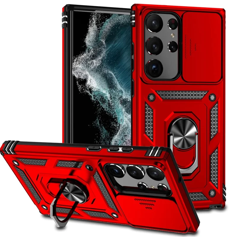 Back Case for Samsung Galaxy S23 Ultra, Slide Camera Protector Design Anti-drop PC + TPU Protective Phone Cover with Metal Ring Kickstand - Red