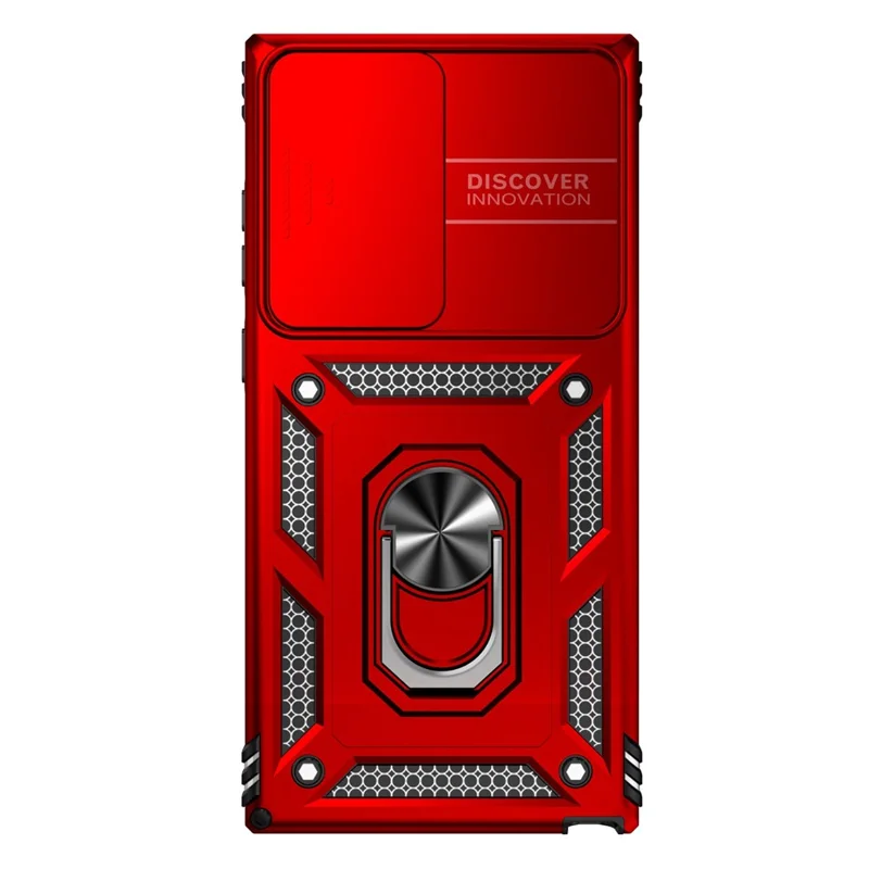 Back Case for Samsung Galaxy S23 Ultra, Slide Camera Protector Design Anti-drop PC + TPU Protective Phone Cover with Metal Ring Kickstand - Red