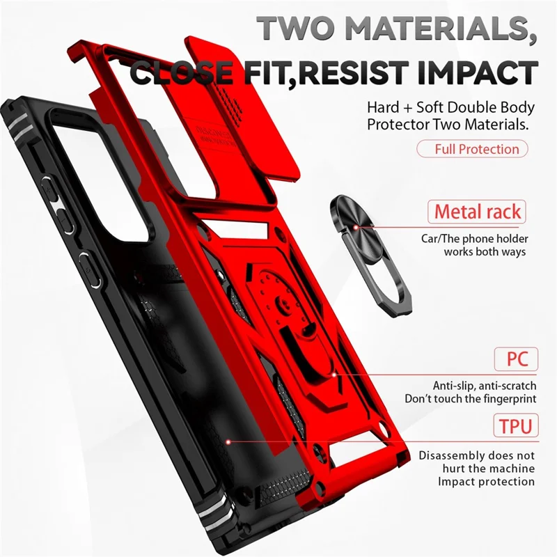 Back Case for Samsung Galaxy S23 Ultra, Slide Camera Protector Design Anti-drop PC + TPU Protective Phone Cover with Metal Ring Kickstand - Red