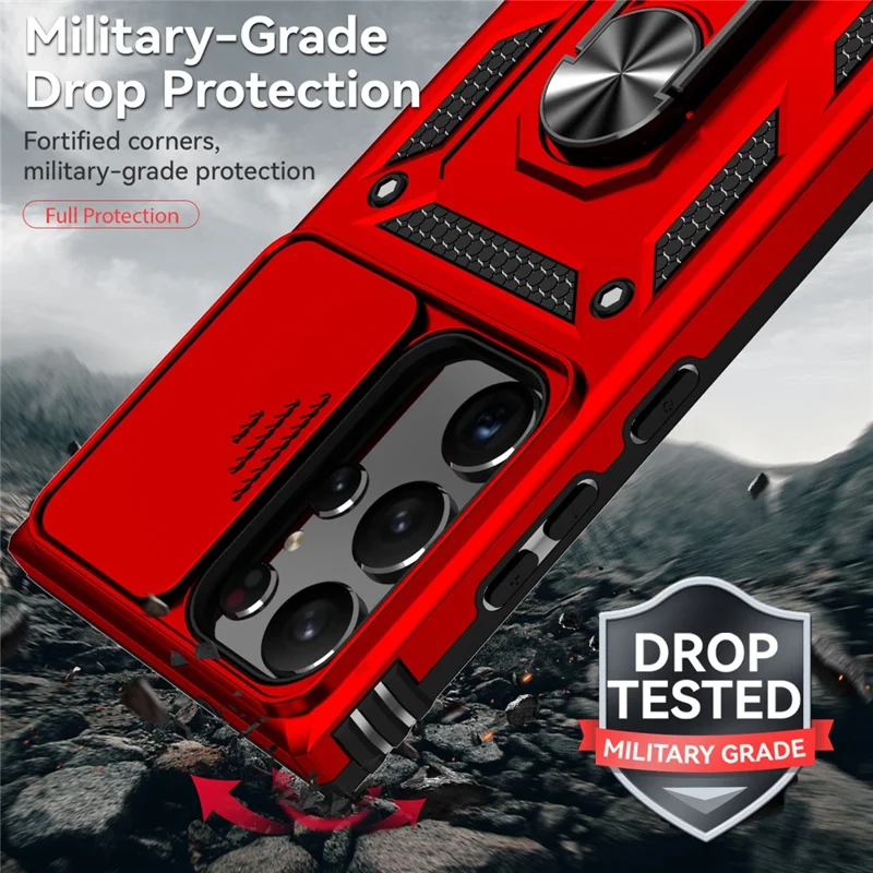 Back Case for Samsung Galaxy S23 Ultra, Slide Camera Protector Design Anti-drop PC + TPU Protective Phone Cover with Metal Ring Kickstand - Red