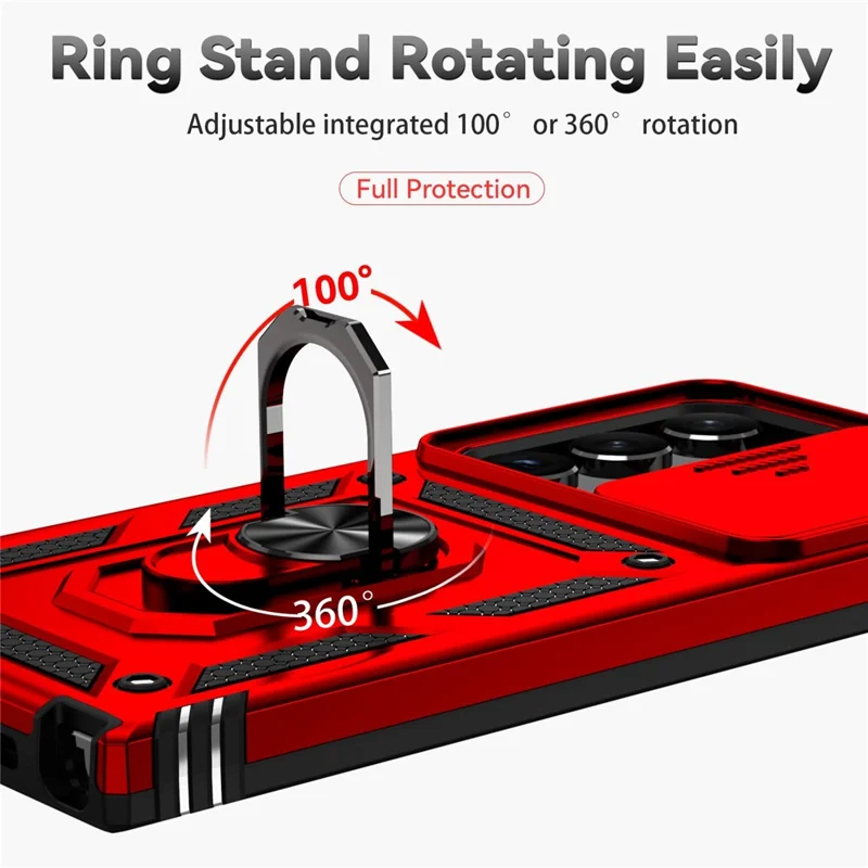 Back Case for Samsung Galaxy S23 Ultra, Slide Camera Protector Design Anti-drop PC + TPU Protective Phone Cover with Metal Ring Kickstand - Red
