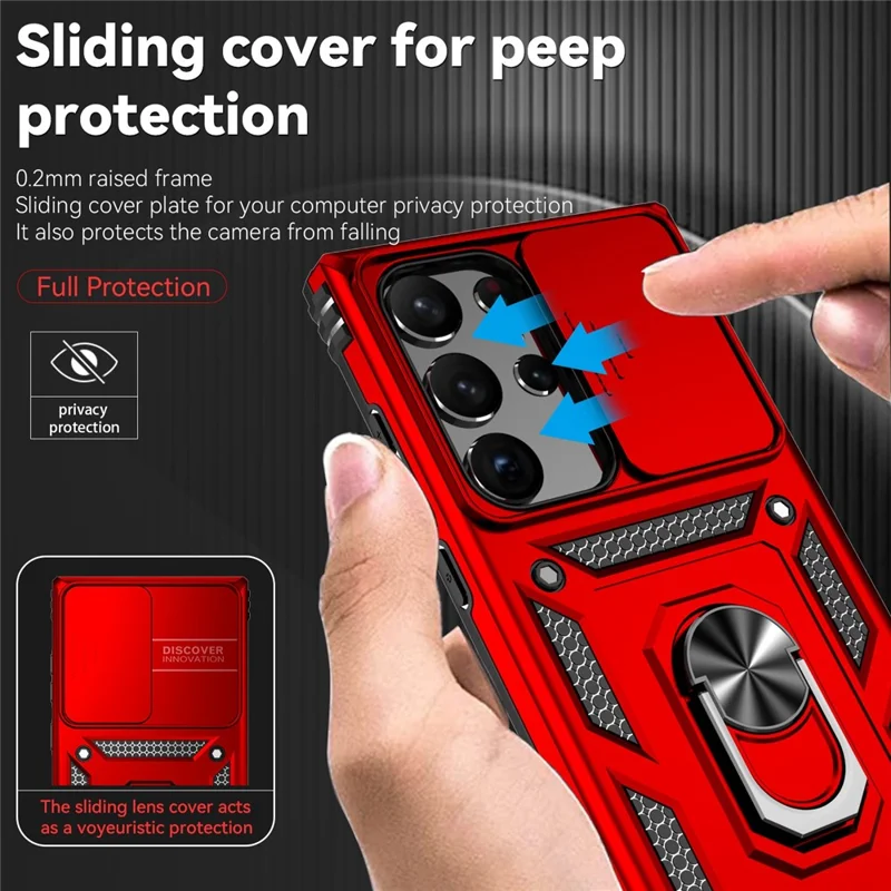 Back Case for Samsung Galaxy S23 Ultra, Slide Camera Protector Design Anti-drop PC + TPU Protective Phone Cover with Metal Ring Kickstand - Red