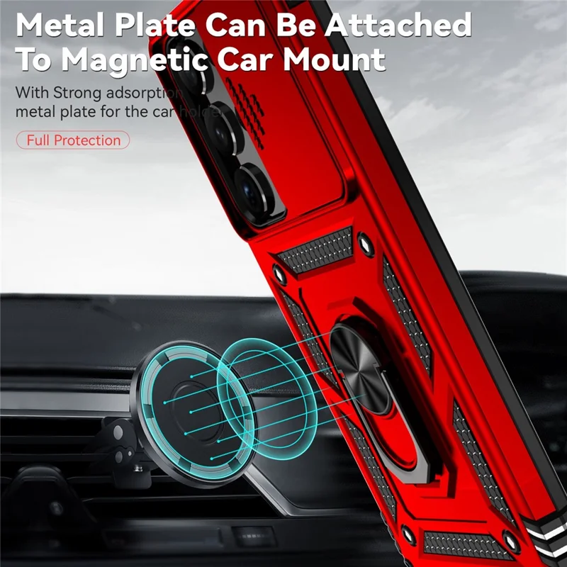 Back Case for Samsung Galaxy S23 Ultra, Slide Camera Protector Design Anti-drop PC + TPU Protective Phone Cover with Metal Ring Kickstand - Red
