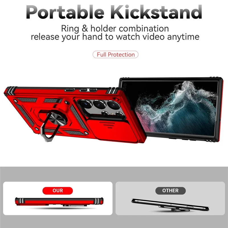 Back Case for Samsung Galaxy S23 Ultra, Slide Camera Protector Design Anti-drop PC + TPU Protective Phone Cover with Metal Ring Kickstand - Red