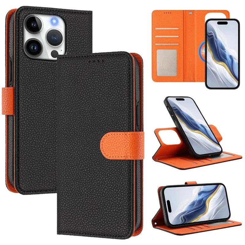 For iPhone 16 Pro Max Leather Case Compatible with MagSafe Detachable Wallet Phone Cover with Hand Strap - Black  /  Orange