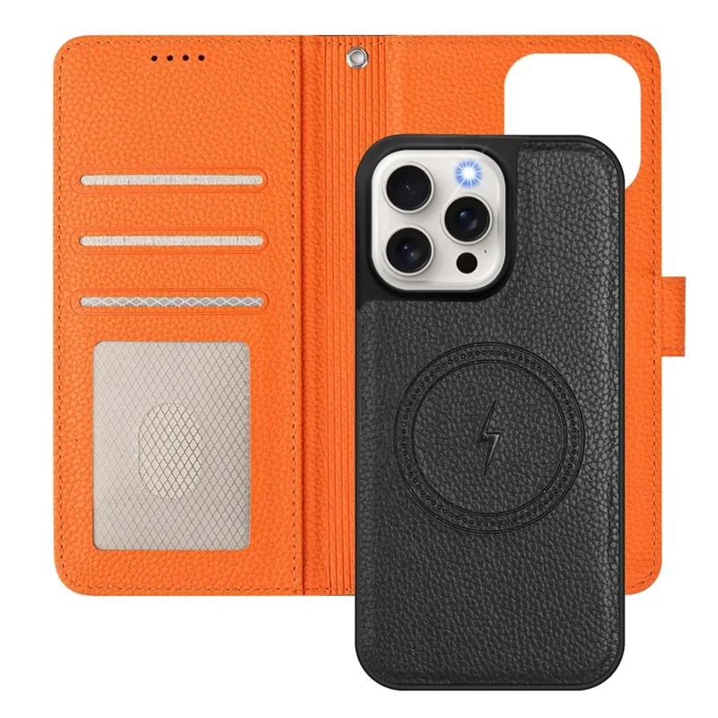 For iPhone 16 Pro Max Leather Case Compatible with MagSafe Detachable Wallet Phone Cover with Hand Strap - Black  /  Orange