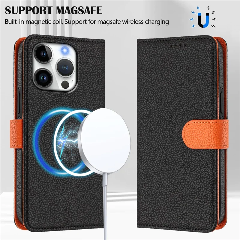 For iPhone 16 Pro Max Leather Case Compatible with MagSafe Detachable Wallet Phone Cover with Hand Strap - Black  /  Orange