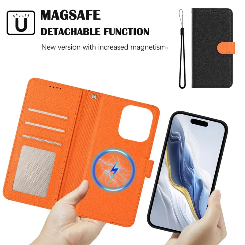 For iPhone 16 Pro Max Leather Case Compatible with MagSafe Detachable Wallet Phone Cover with Hand Strap - Black  /  Orange