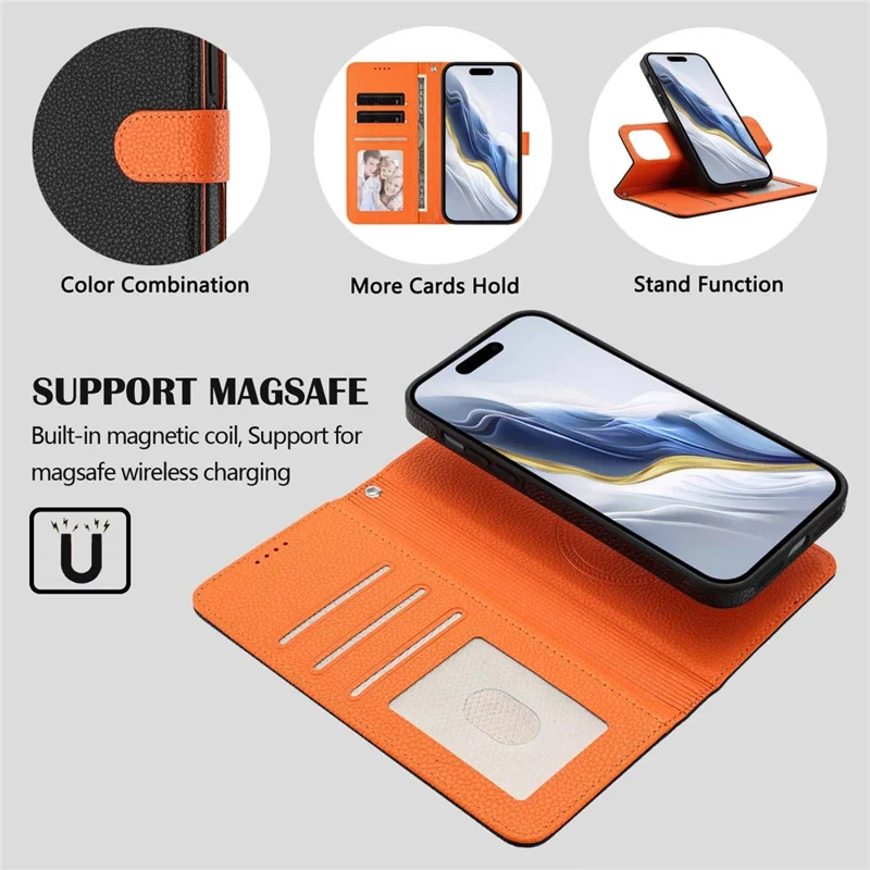For iPhone 16 Pro Max Leather Case Compatible with MagSafe Detachable Wallet Phone Cover with Hand Strap - Black  /  Orange